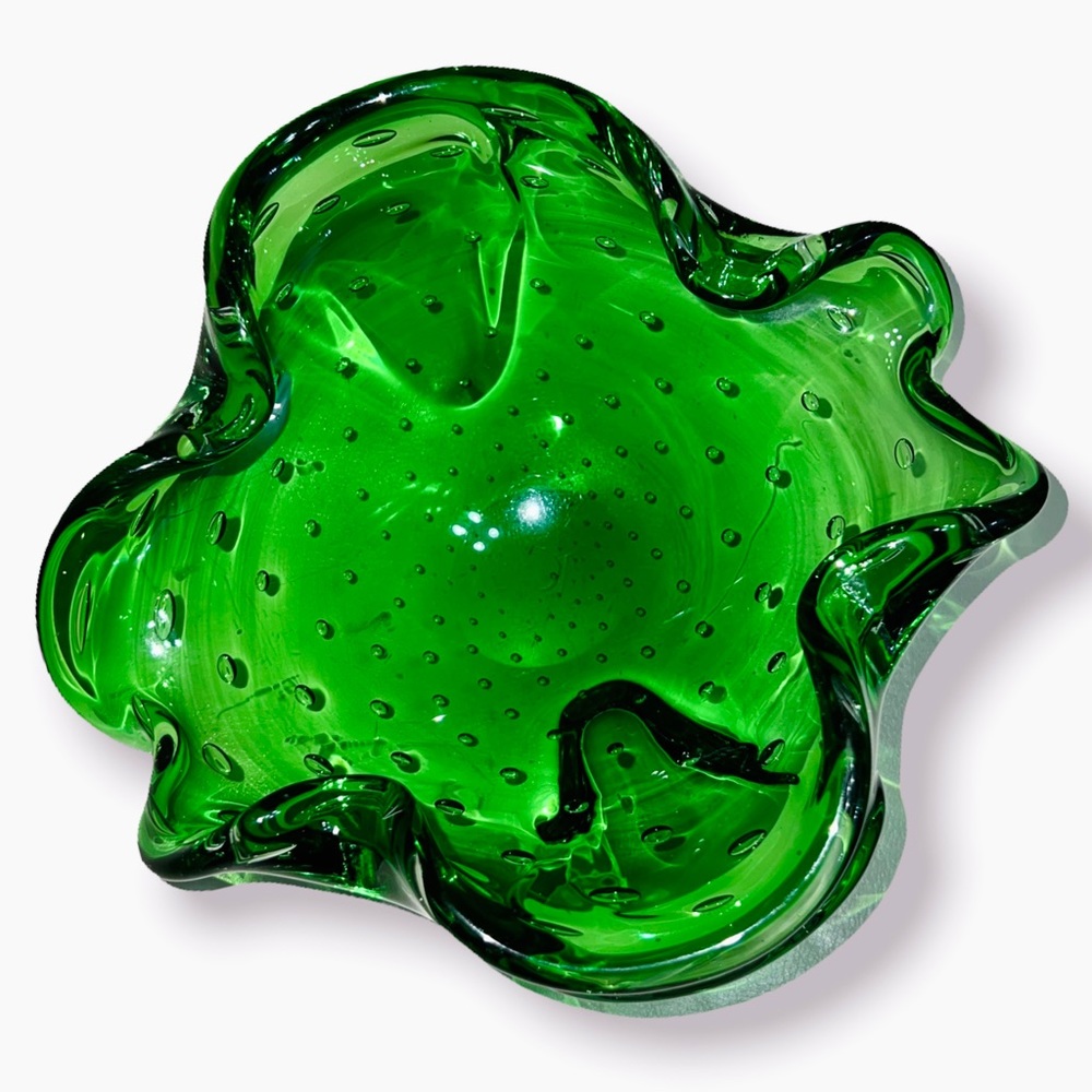 VTG 50's Italian Murano Blown Art Glass Bullicante Bowl MCM Emerald Green